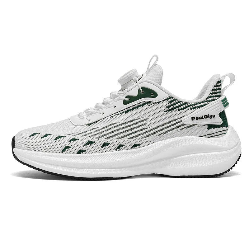Men's white green Fly-knit mesh casual running shoes with rotating buckle and flat TPU sole.