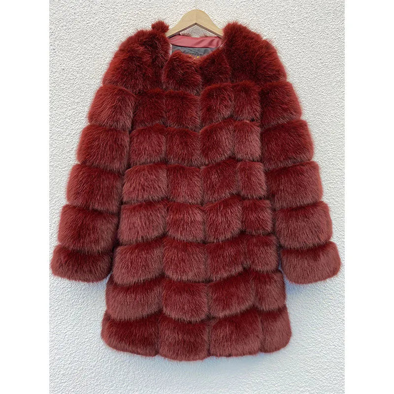 Women's long black artificial fur coat with regular sleeves.