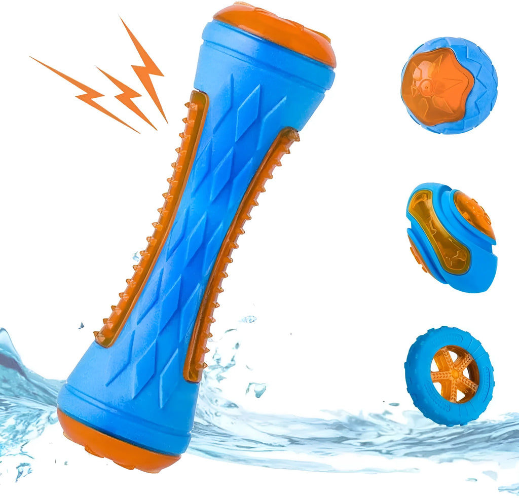 Set of three floating squeaky dog toys: a ball, barbell, and tyre on a blue background.