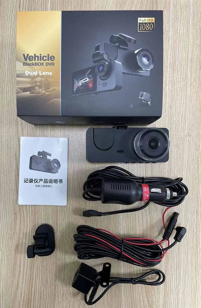 Black car dashboard camera with wide-angle lens and touchscreen display for vehicle recording