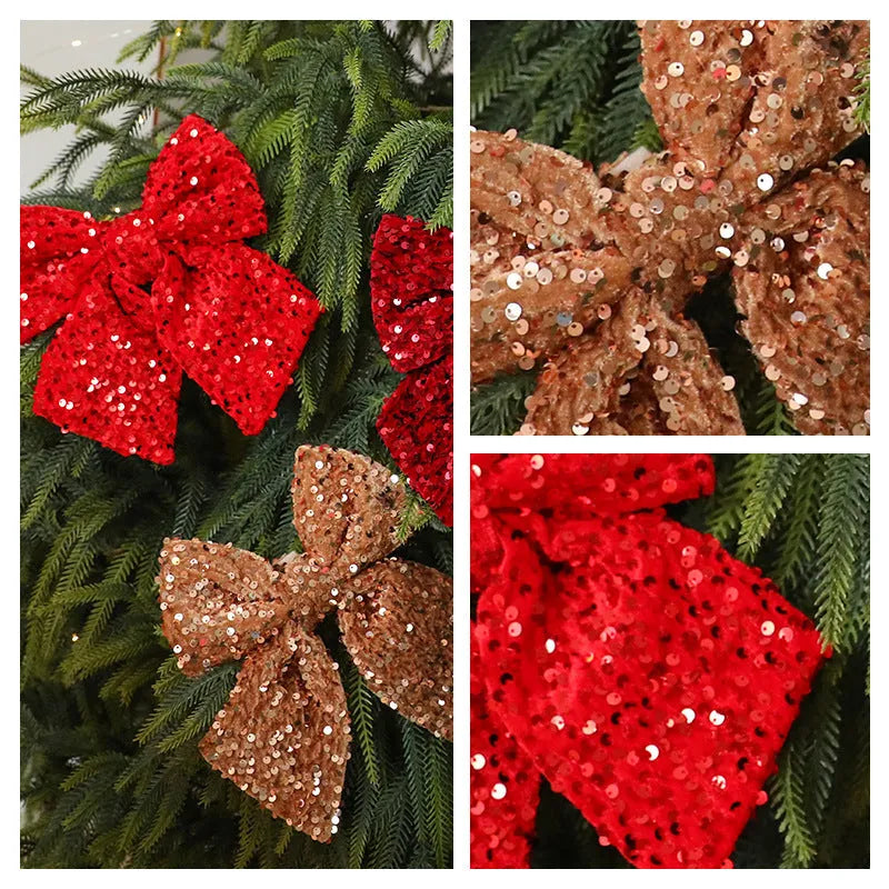 25cm red paillette Christmas sequin bow pendant on white background
