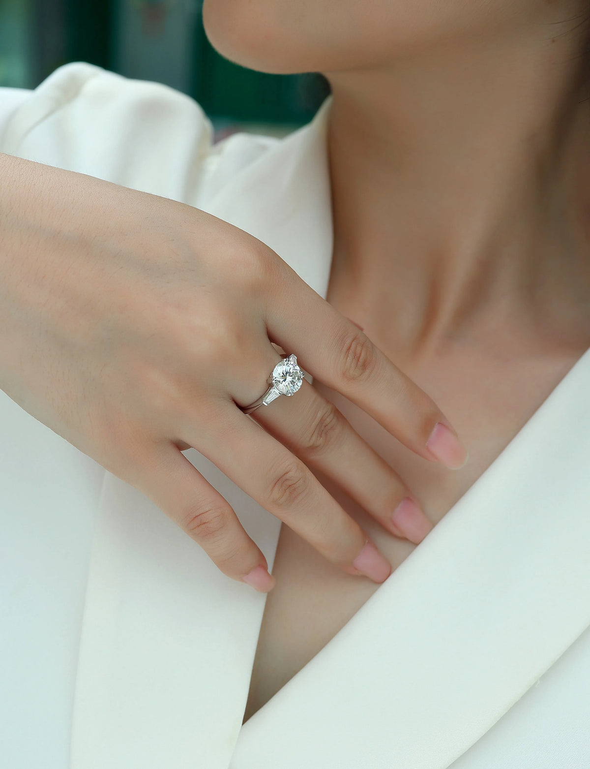 3-carat octagonal moissanite wedding ring set in S925 silver with platinum plating on white background