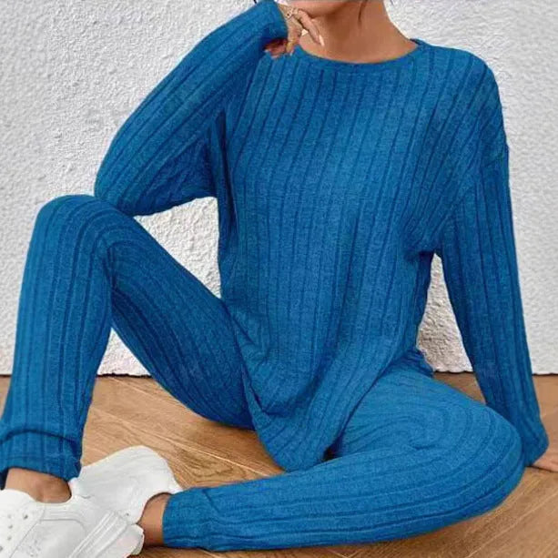 Plus size sunken stripe two-piece homewear set with long sleeve top and trousers in blue