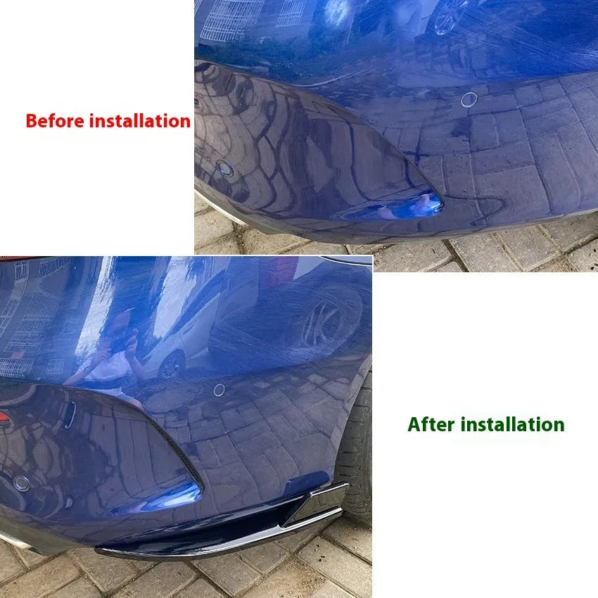 PP plastic car rear corner protectors in piano black and carbon fibre pattern finishes shown as a left and right set