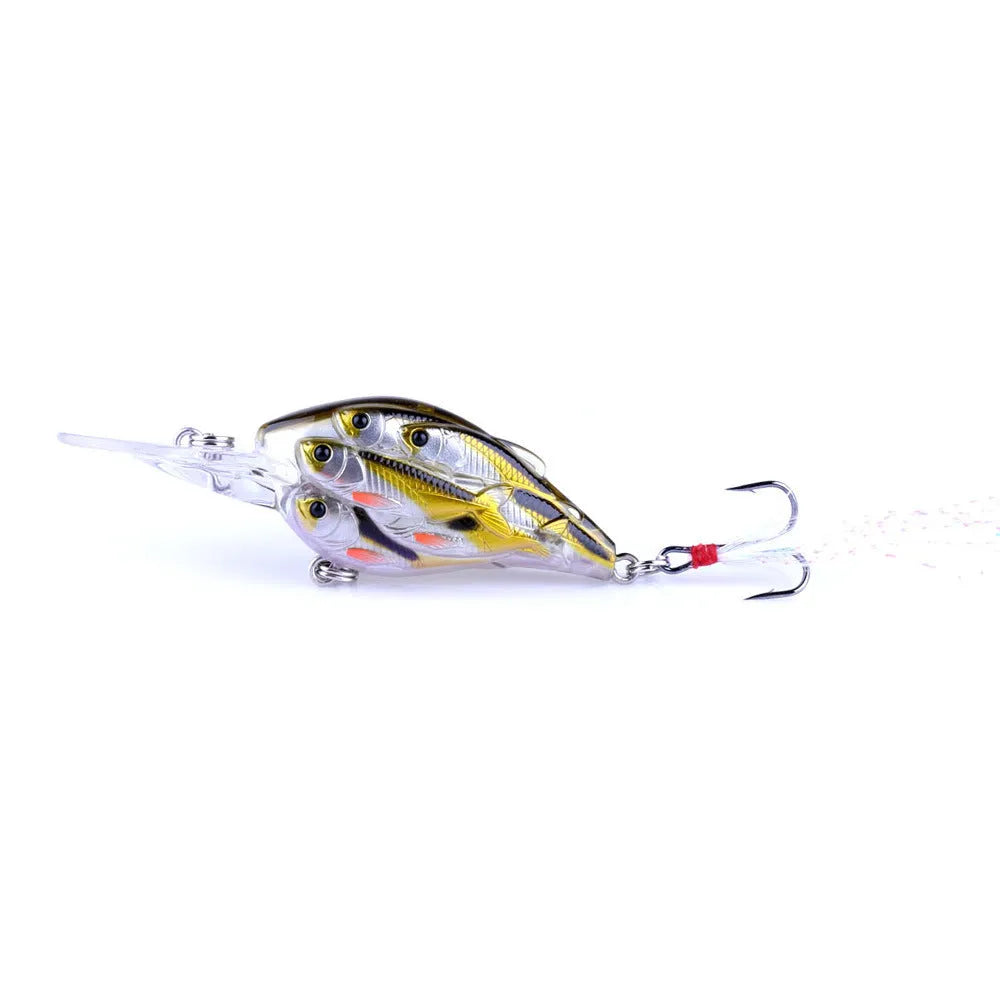 Set of nine multi-colour ABS plastic hard bait fishing lures with feather hooks.