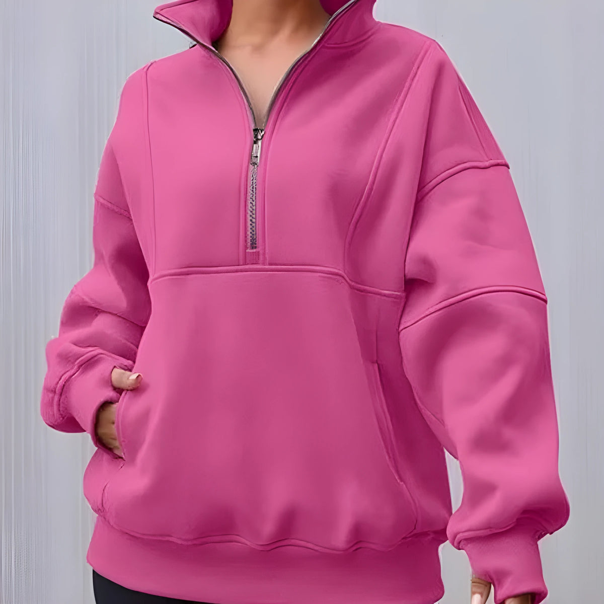Women's loose fit hoody with zip patchwork pockets, thick brushed polyester pullover in multiple colours