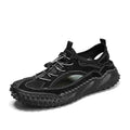 Men's waterproof sports sandals with leather mesh uppers, rubber soles, and elastic band closure in black, grey, or khaki