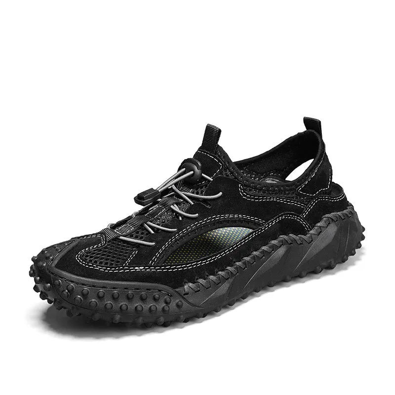 Men's waterproof sports sandals with leather mesh uppers, rubber soles, and elastic band closure in black, grey, or khaki