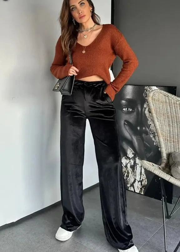 Black shiny velvet drawstring high waist straight leg casual pants, polyester, women, Asian sizes S to XL