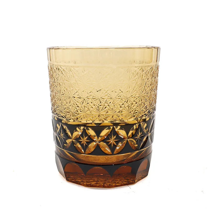 Hand carved crystal whiskey glass in amber colour with Japanese retro style
