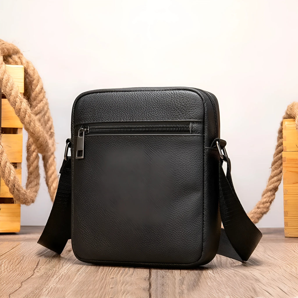 Men's black genuine leather shoulder bag with sewing thread detail, standard size