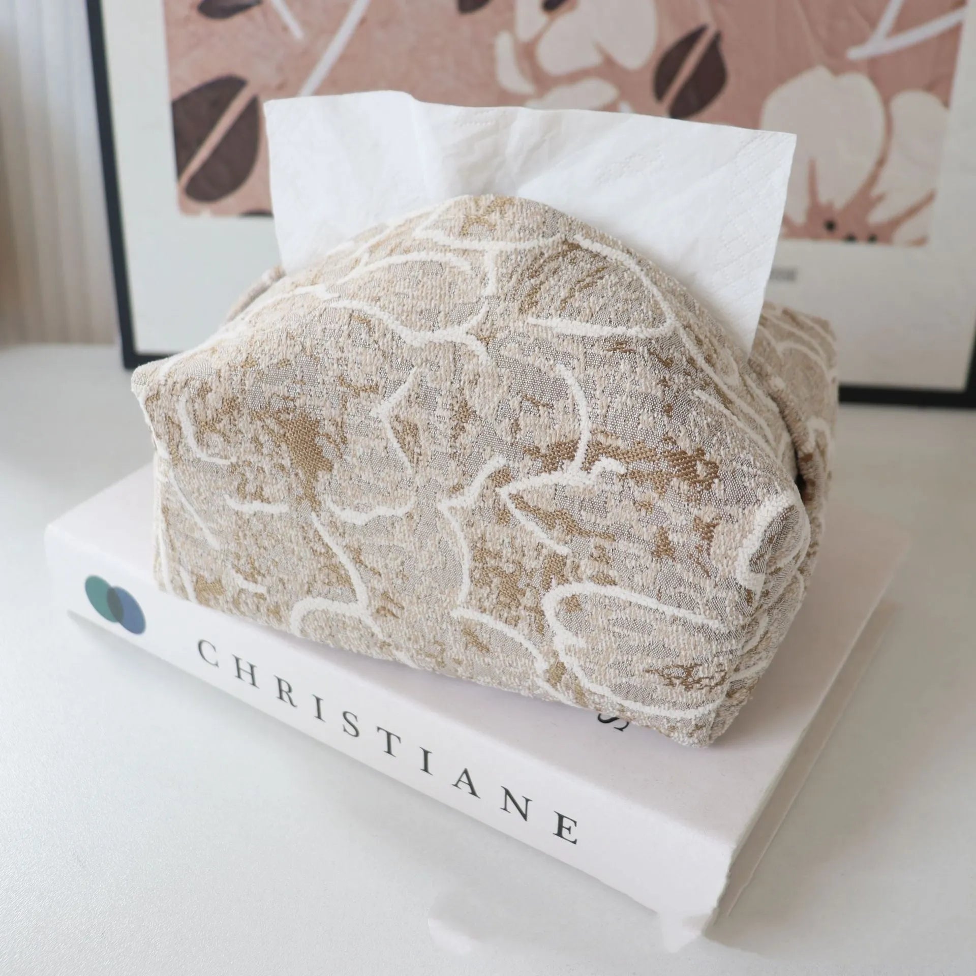 Chinese pastoral style cotton fabric tissue box cover in floral design on a table
