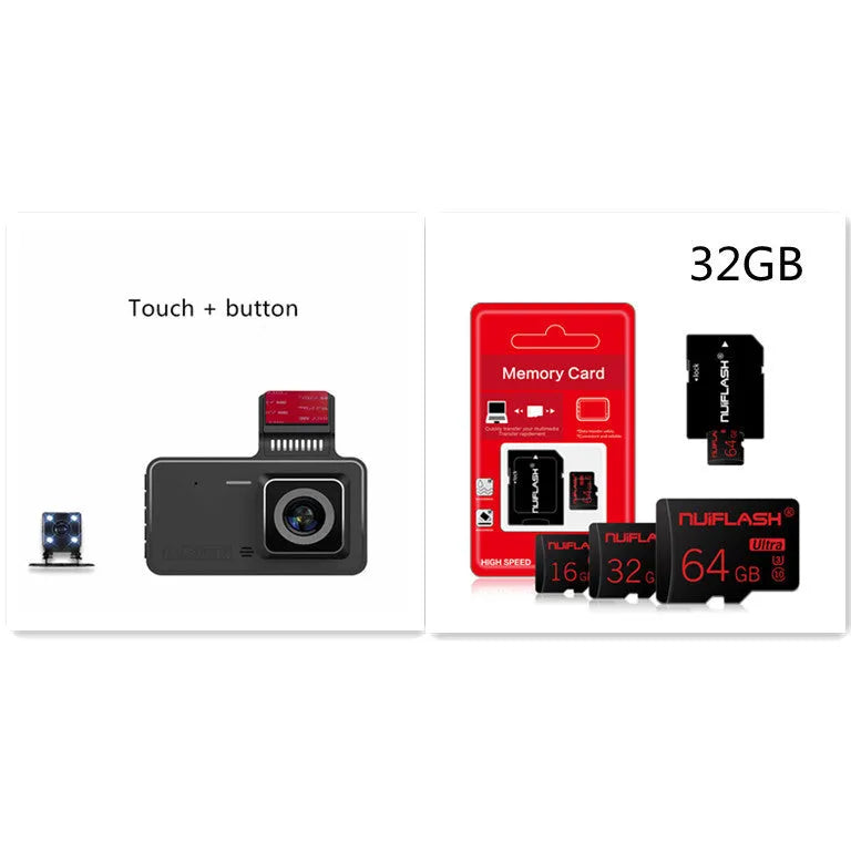 4-inch touch screen dual lens car dash cam with adhesive mount on windscreen