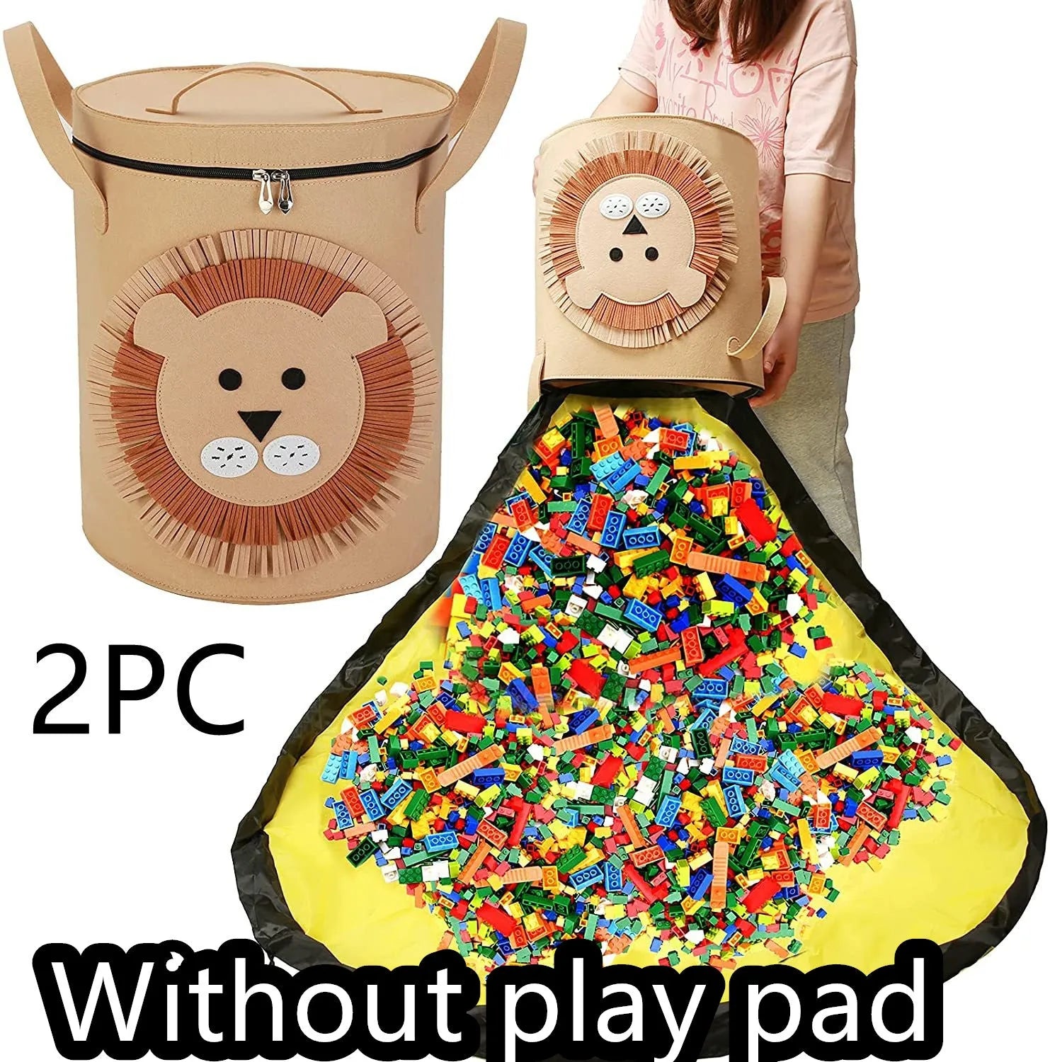 Green felt cube storage bag with pull rope, shown both as a flat play mat and gathered toy bag