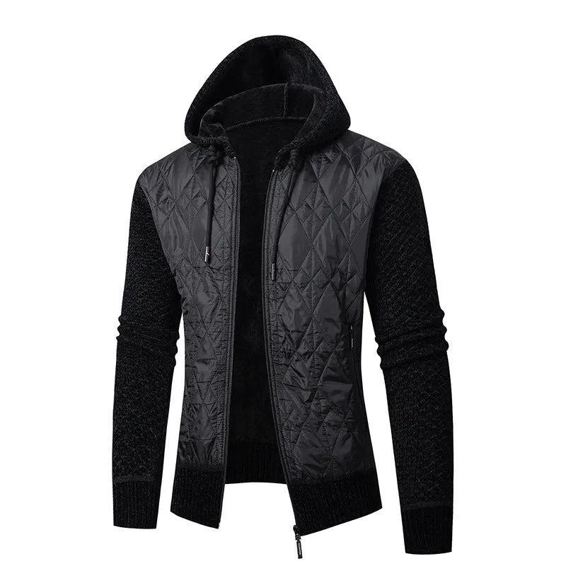 Men's grey hooded cardigan sweater coat made of wool and corduroy with a cinched waist.