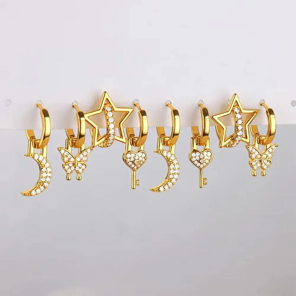 Women's geometric butterfly earrings with heart and star motifs in various colours