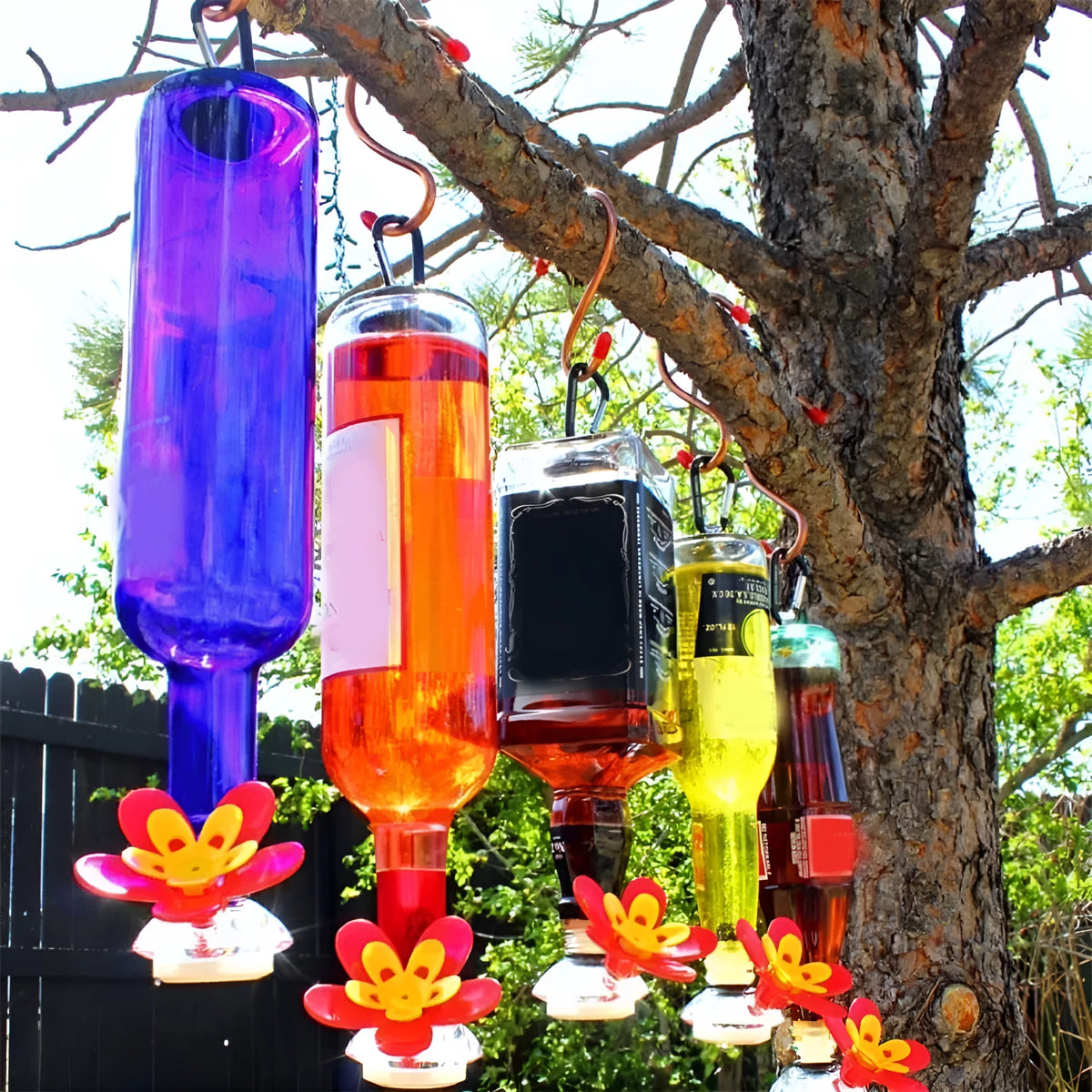 Wine bottle bird feeder for outdoor garden and courtyard decoration, single head or three heads option