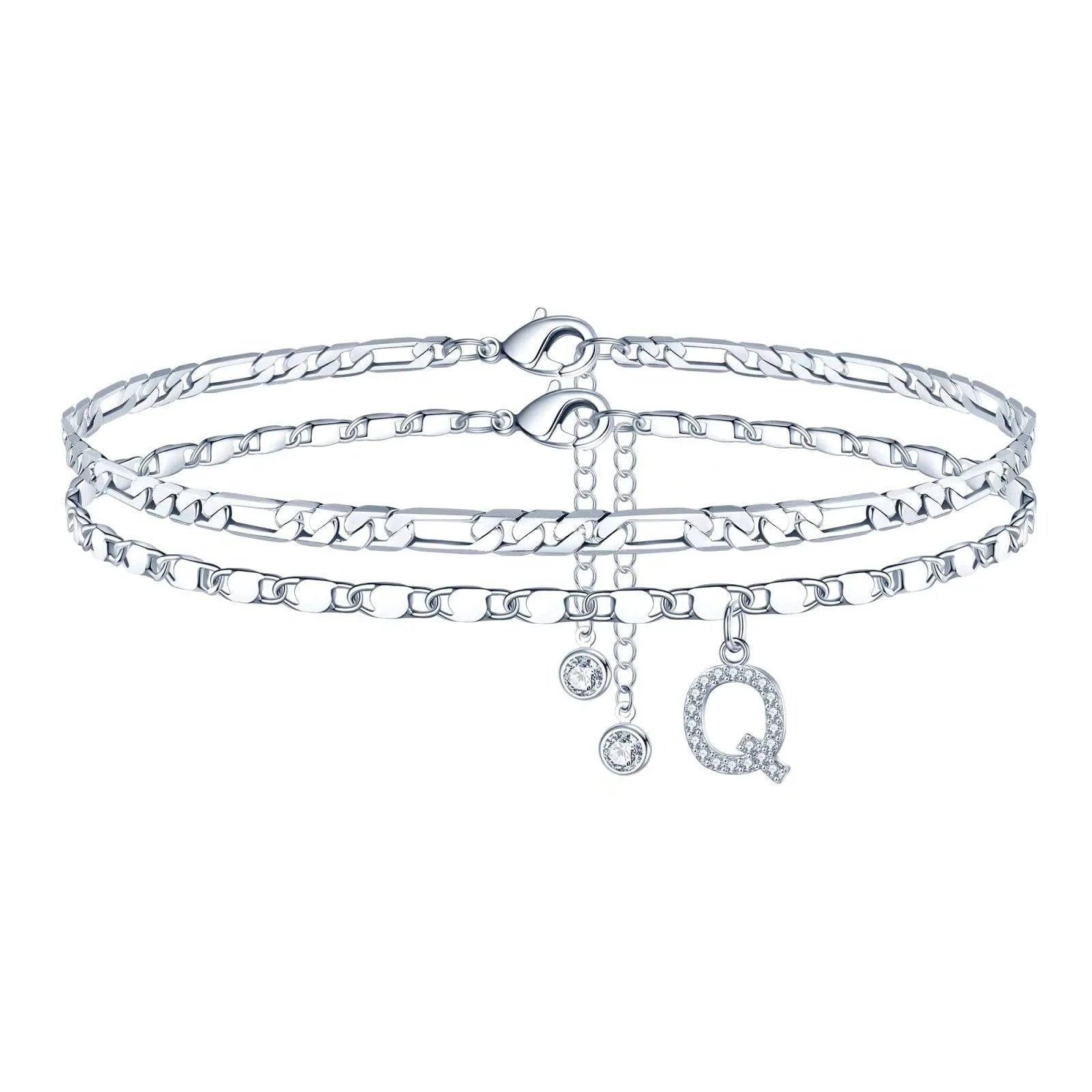 Silver-coloured double-circle bead copper anklet showing alphabet letter modelling on ankle.