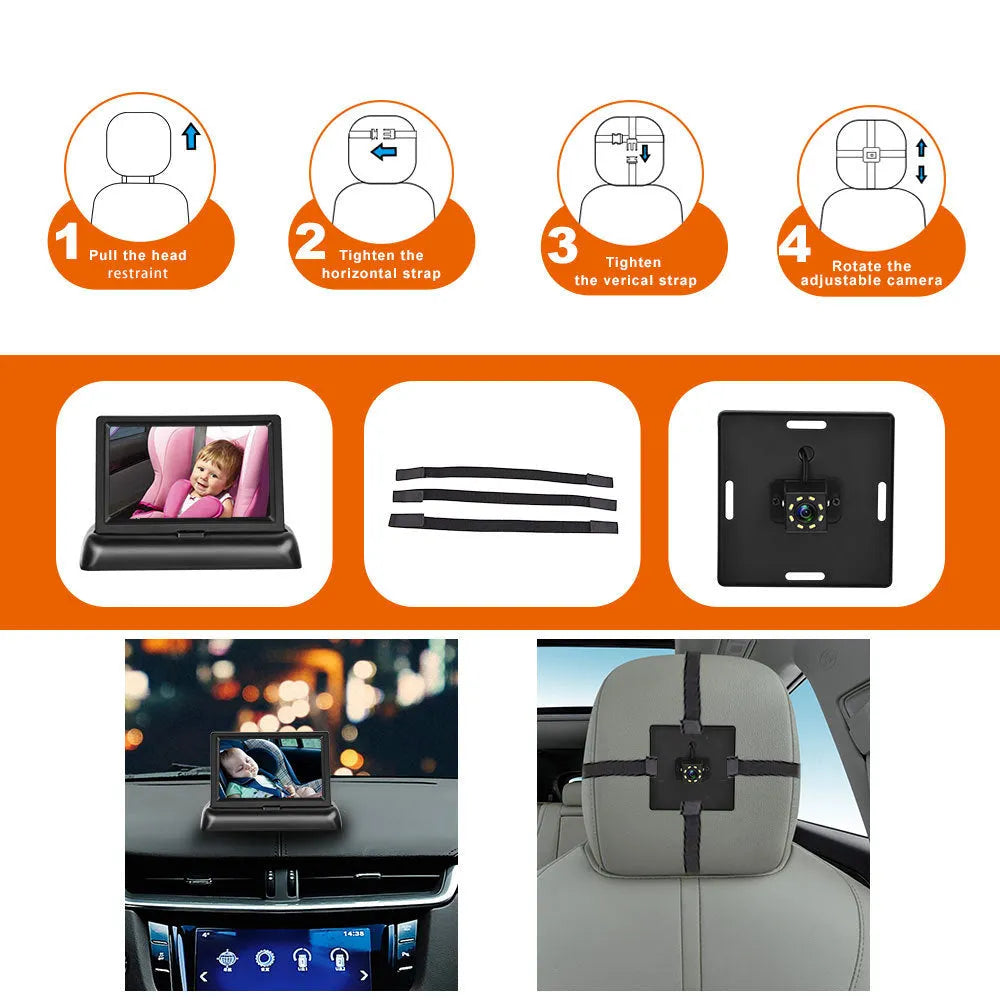 Black 4.3 inch folding car baby monitor with infrared night vision camera
