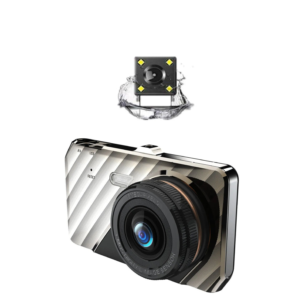 4-inch front and rear dual lens dashcam with touch screen display mounted in vehicle
