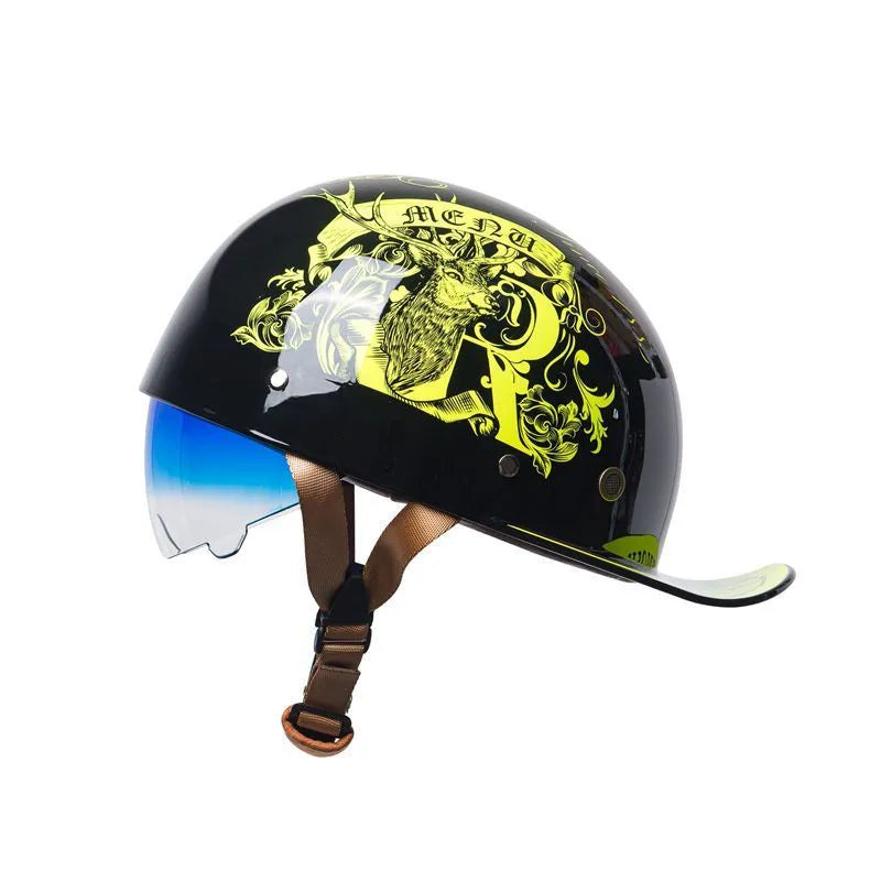 Retro-style half helmet for men in bright black gradient with blue lens, shown on a solid background.