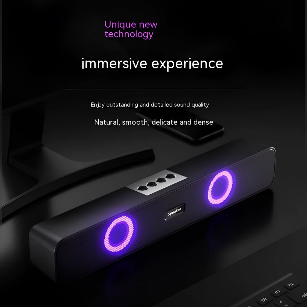 Black portable Bluetooth speaker with colourful light, 383 x 64 x 55mm, USB powered, 5W x 2 rated power