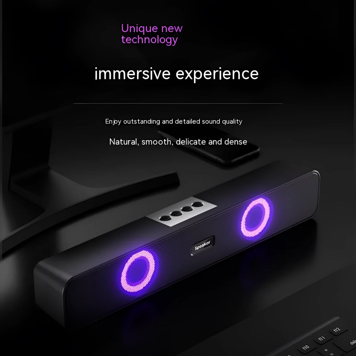 Black portable Bluetooth speaker with colourful light, 383 x 64 x 55mm, USB powered, 5W x 2 rated power