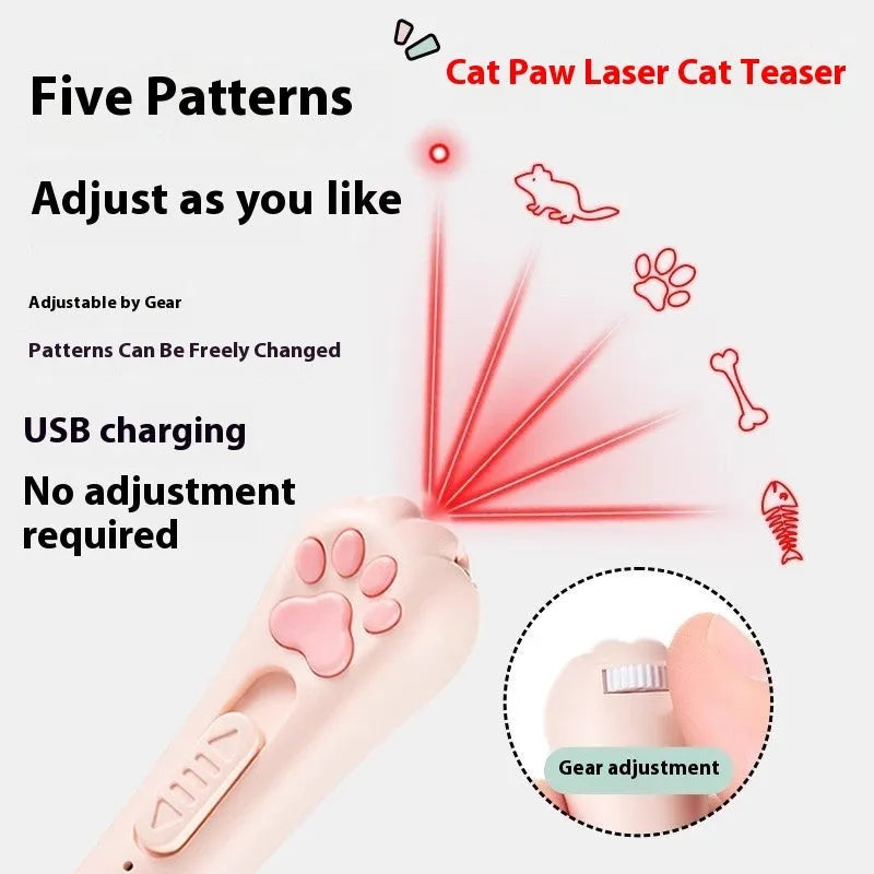 Pink USB-rechargeable cat teaser wand with feather, showing light and vibration functions for interactive play.