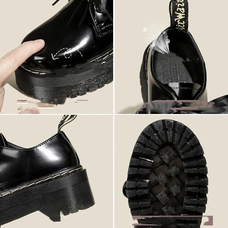 Black women's thick-soled lace-up shoes with decorative white ribbon cross straps.