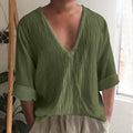 Men's long sleeve V-neck t-shirt in washed cotton fabric, solid colour option with British style design