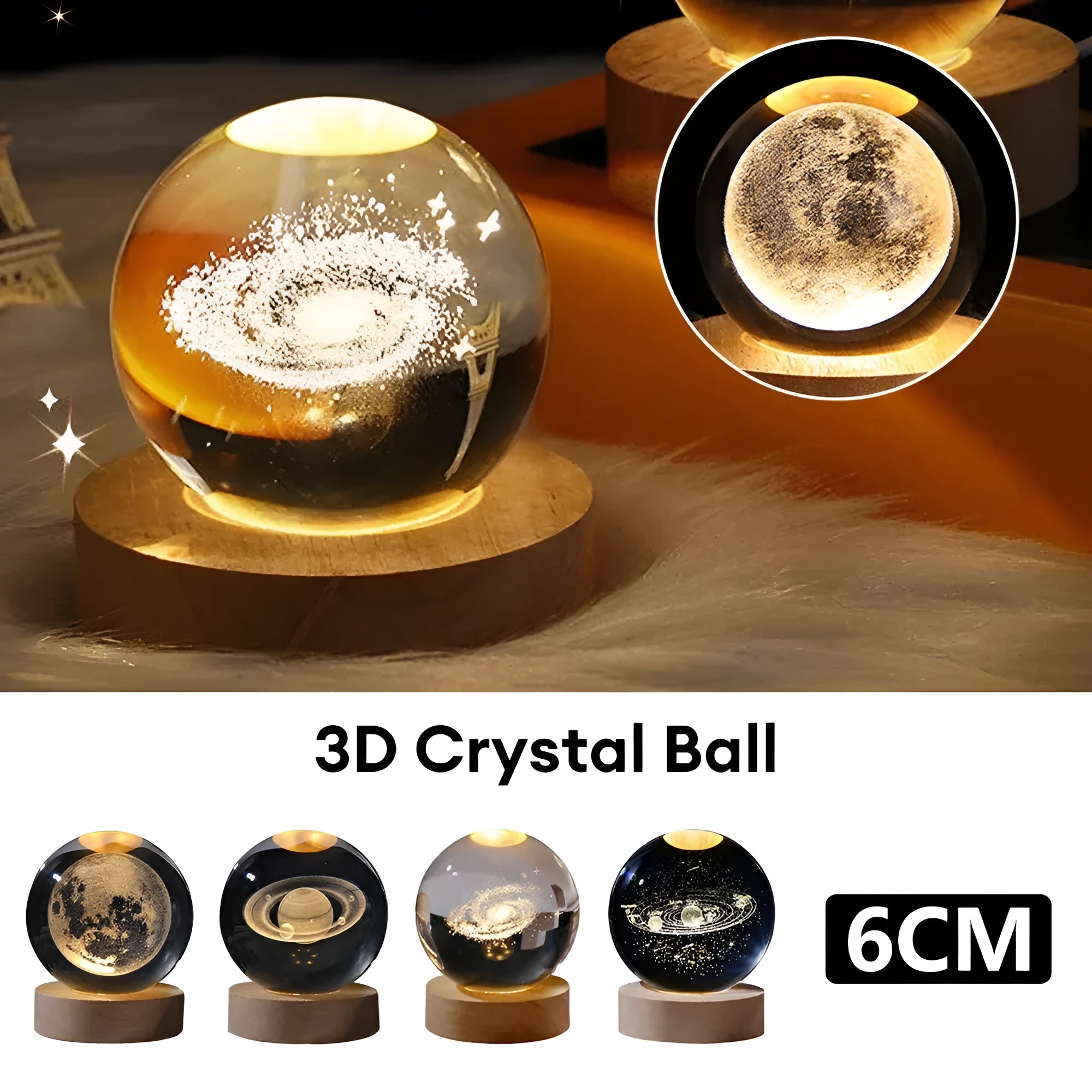 6cm crystal ball night light projecting starry sky patterns with detailed planetary carvings