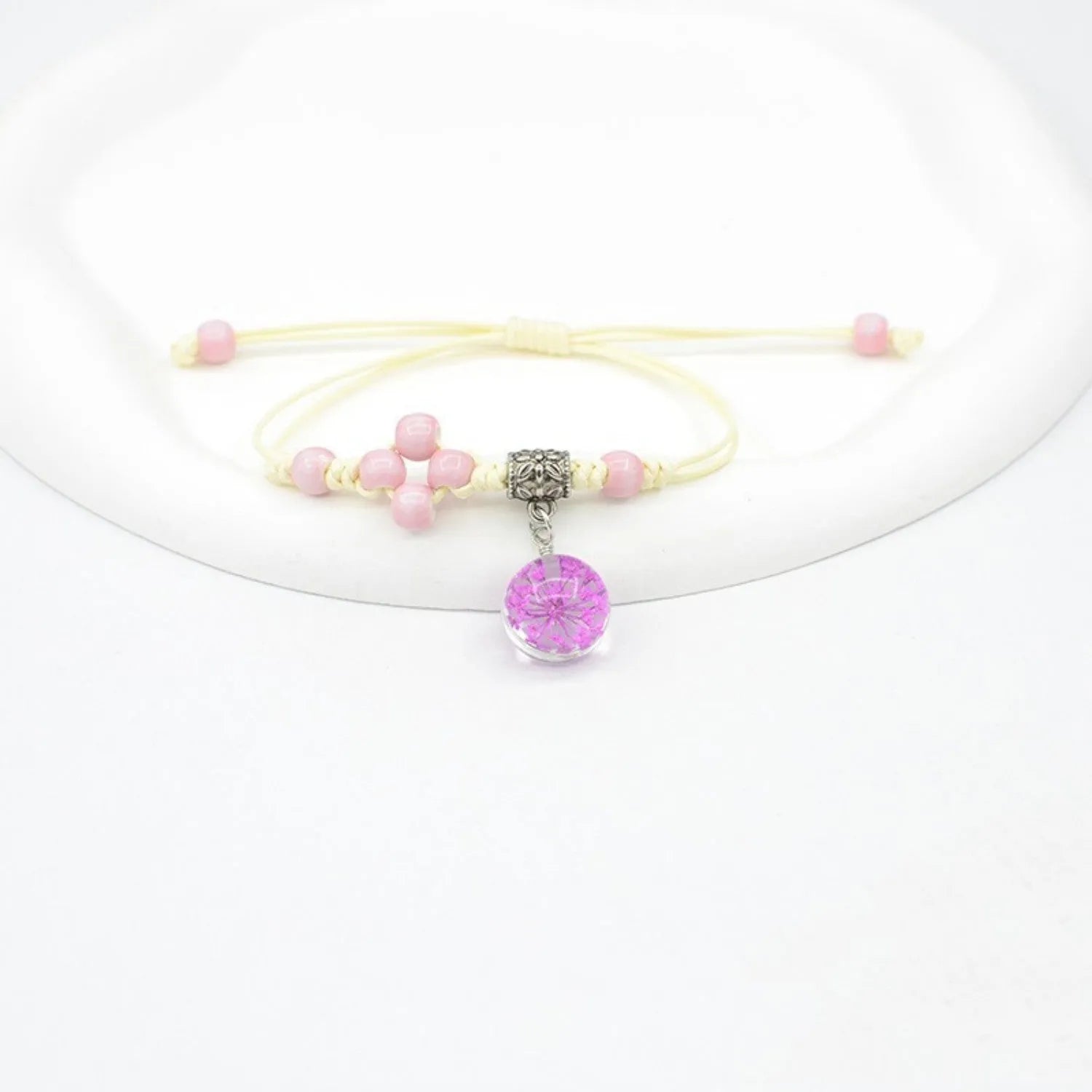 Glass dried flower bracelet with real preserved flowers and lace trim on large 1.4cm beads
