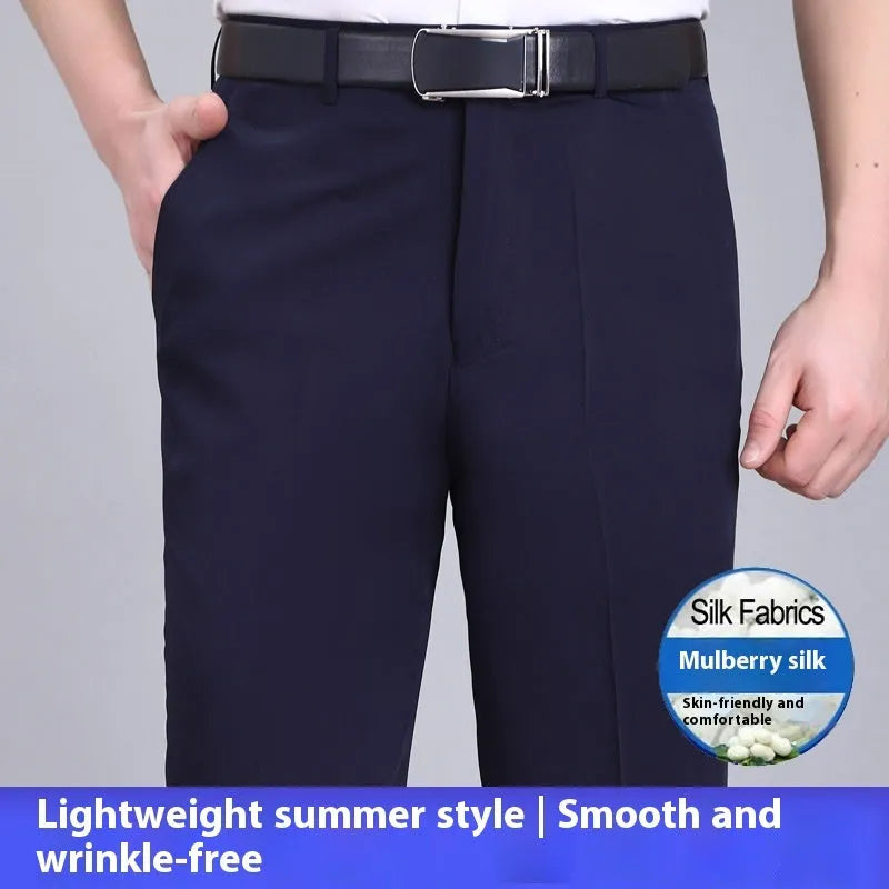 Men's straight cut business trousers in mulberry silk blend fabric with high waist design