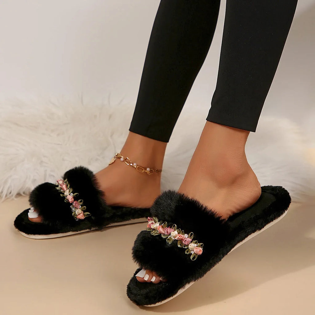 Flower fluffy slippers for women with artificial wool lining, cotton cloth upper, and rubber sole in white or black, sizes 36-43