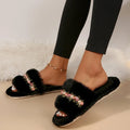 Flower fluffy slippers for women with artificial wool lining, cotton cloth upper, and rubber sole in white or black, sizes 36-43