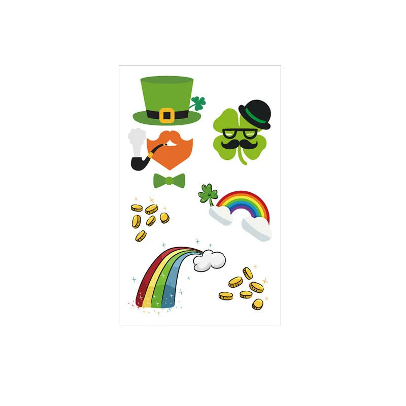 Sheet of children's temporary tattoo stickers featuring a large green St. Patrick's Day clover design