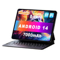 Bare metal blue 10-inch tablet with optional leather keyboard case shown on a desk.