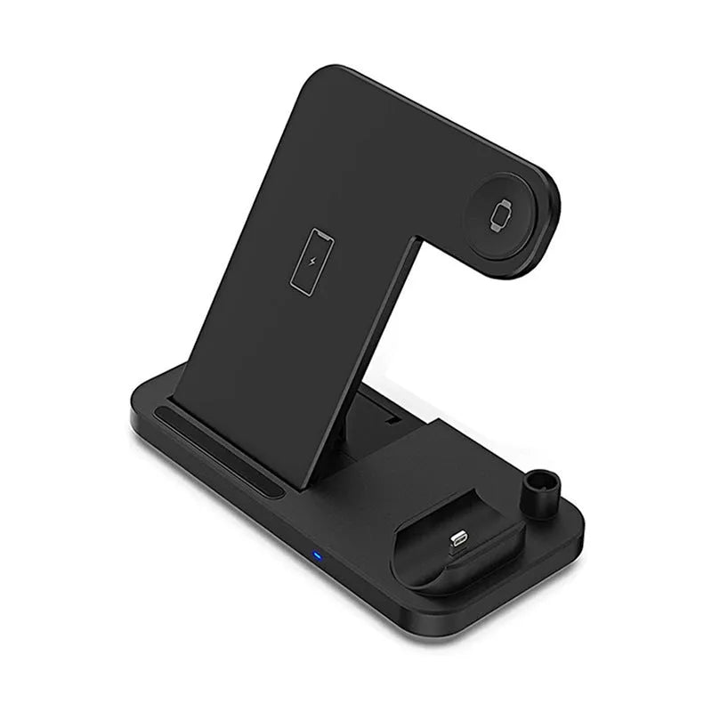 Black four-in-one wireless phone charger with QC3.0 fast charging head on desk