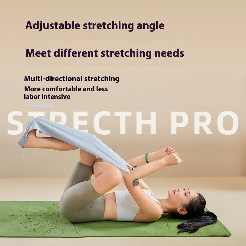 Grey and pink yoga multi-function stretching tool for shoulder, back, and hip flexibility on a plain background.