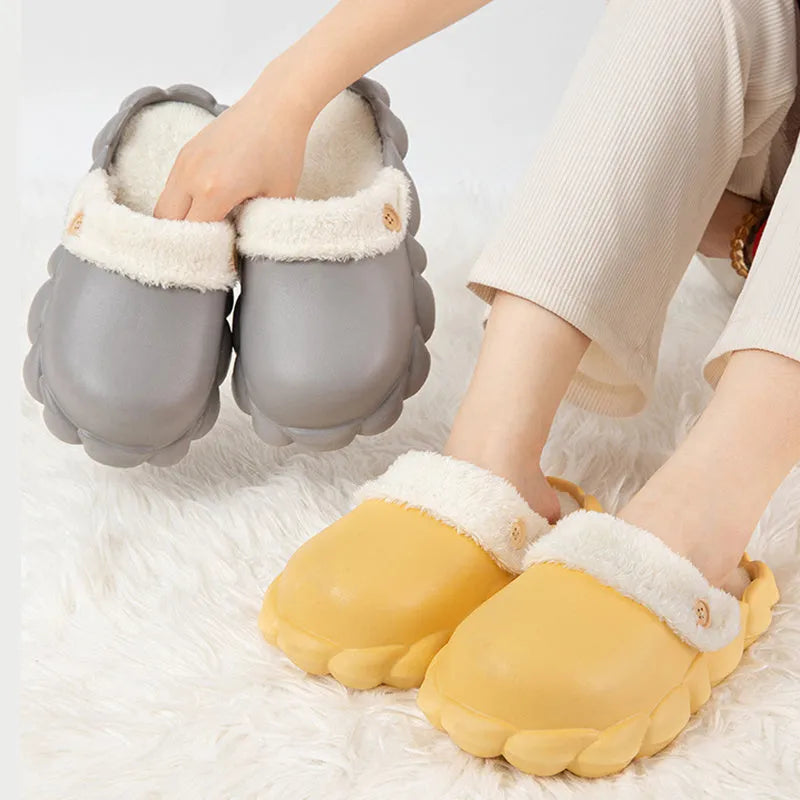 Waterproof EVA winter slippers with plush lining, non-slip sole, in pink, yellow, green, grey, black, sizes 36-45.