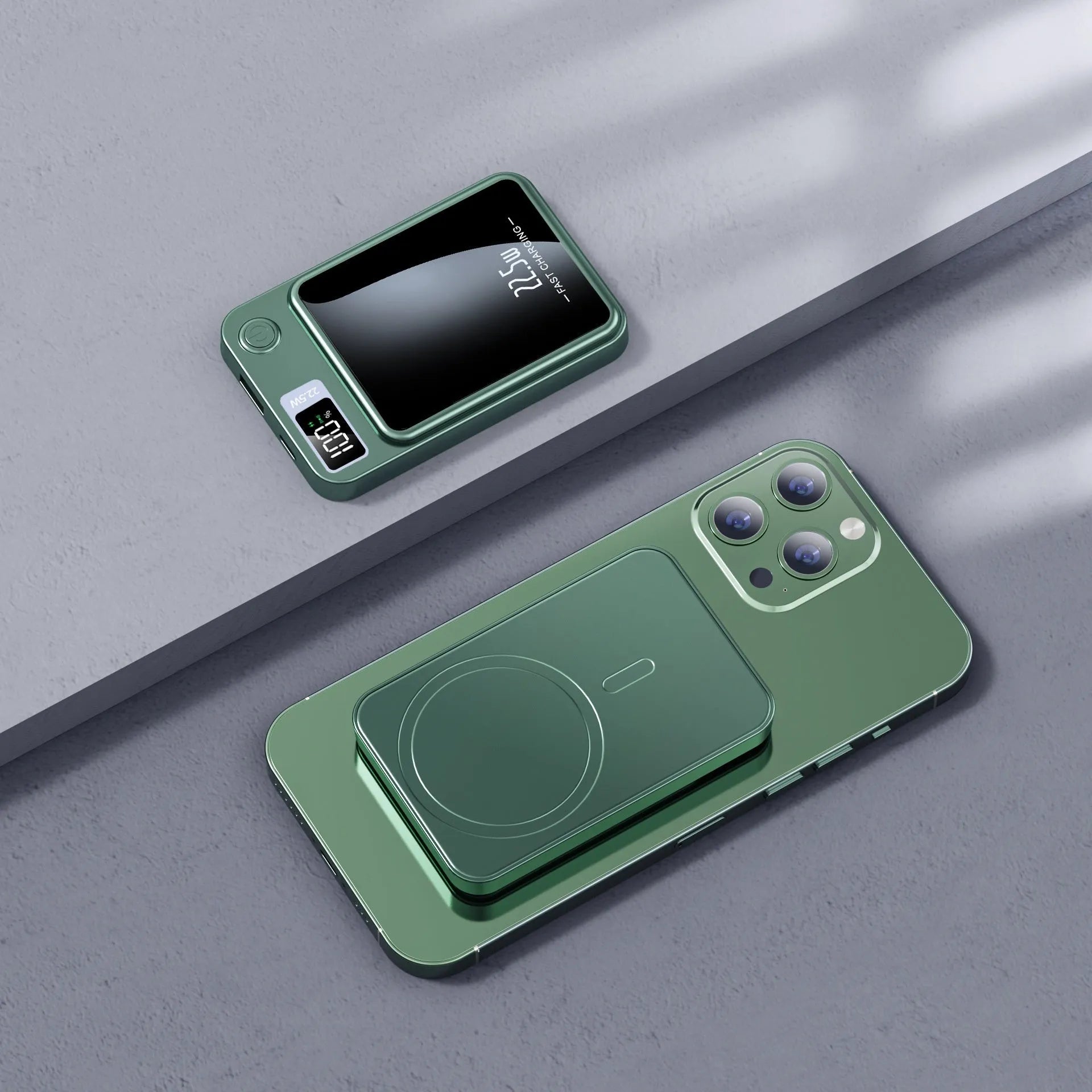 Wireless power bank with MagSafe in black, white, purple or green colours showing industrial design