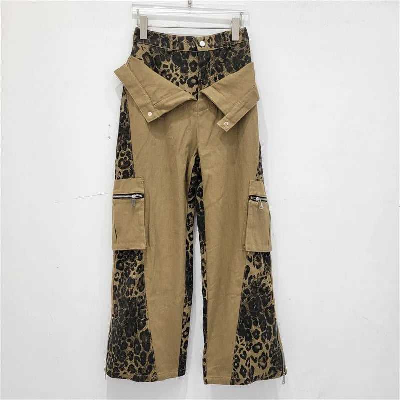 Women's dark khaki jeans with leopard print detail and high-waist straight leg design