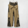 Women's dark khaki jeans with leopard print detail and high-waist straight leg design
