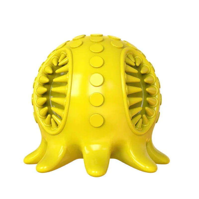 Small octopus dog toothbrush chew toy in blue with sound feature for teeth cleaning and bad breath removal