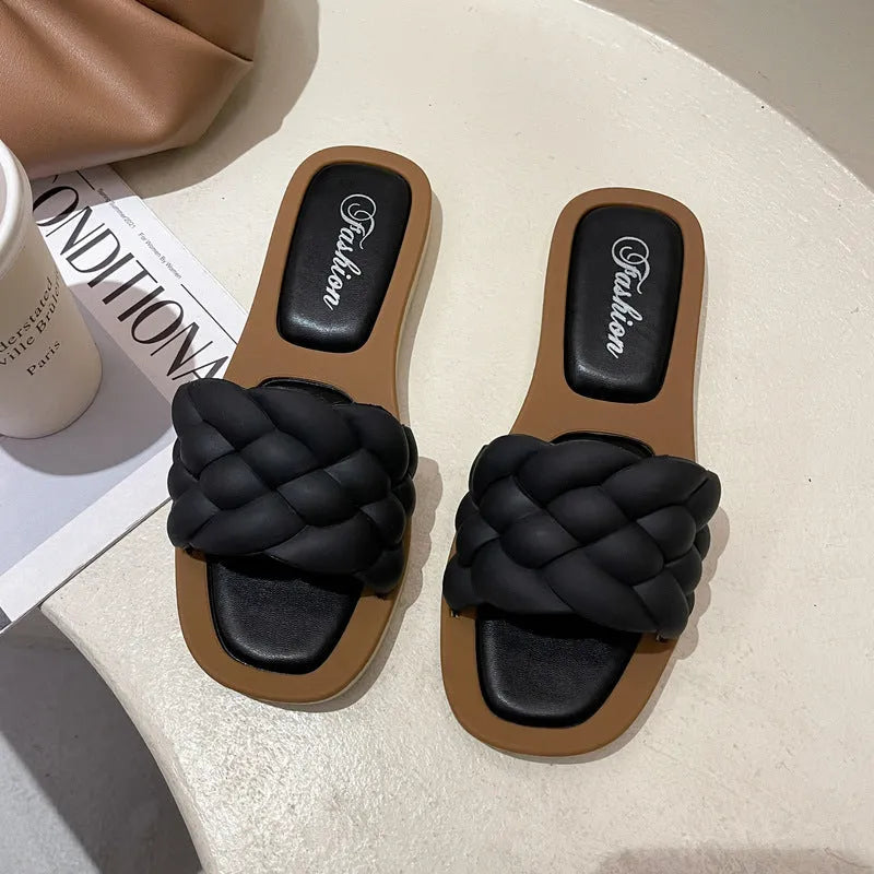 Women's plaid PVC beach sandals with a thick non-slip sole in green, shown from the side.