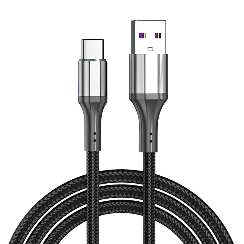 Nylon braided Type-C fast charging cable in red, black, or green colours with 60W power output