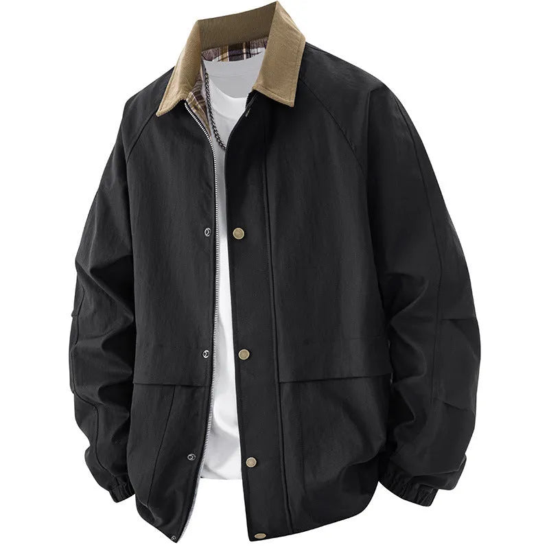 Men's loose fit plus size lapel coat in solid colour, side seam pockets, polyester fibre fabric