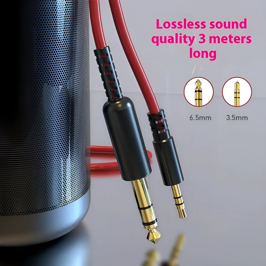 Red 3 metre gold plated 3.5mm to 6.5mm audio connection cable on white background