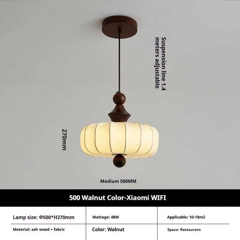 Mid-ancient French retro fabric ceiling lamp with ash wood frame in walnut colour on a ceiling