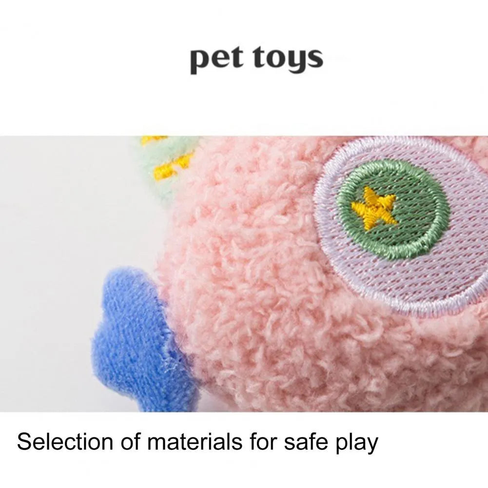 Cartoon-shaped plush dog chew toy with large eyes and squeaker sound feature